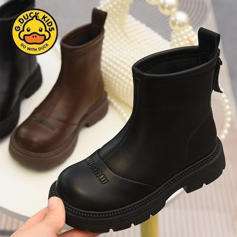 G.DUCK小黄鸭女童短靴单靴2025秋冬新款加绒二棉靴切尔西靴马丁靴