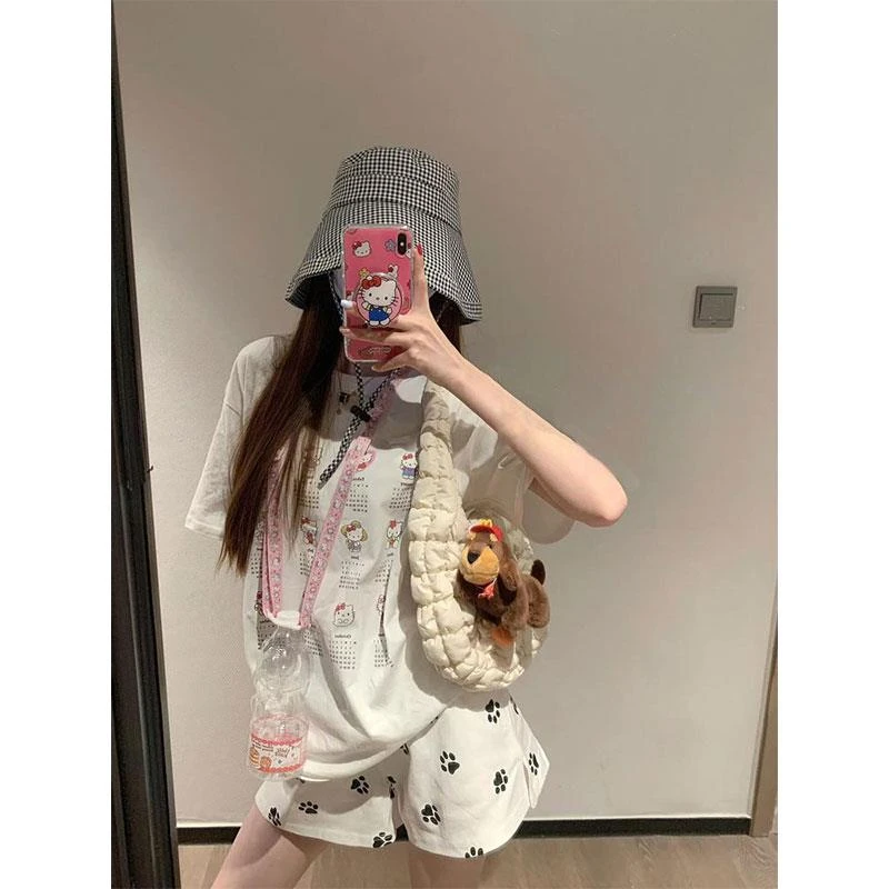 可爱狗脚印白色短裤女夏季薄款2025新款松紧腰宽松运动休闲阔腿裤