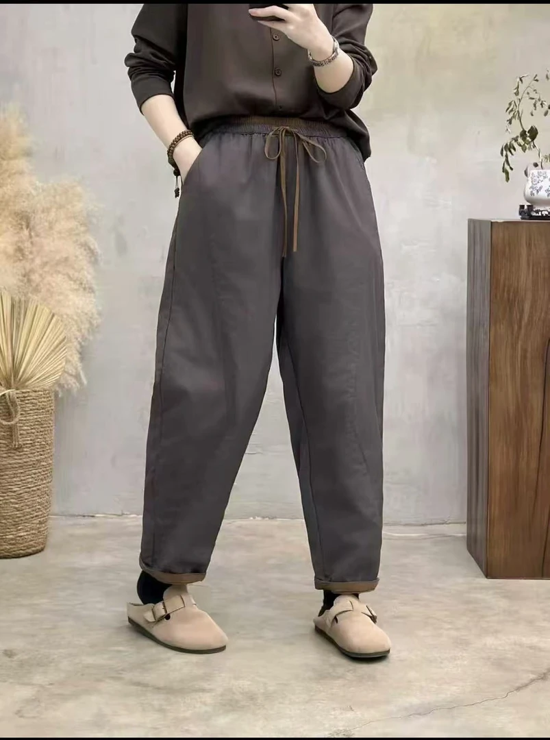 2025腰口拼接撞色纯棉休闲百搭显瘦哈伦款精致保暖小棉裤