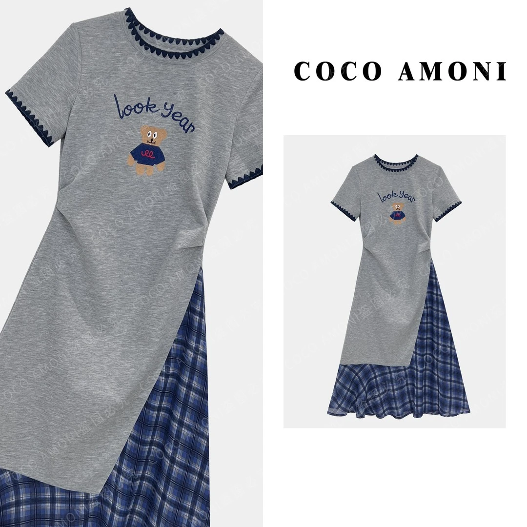 夏日时尚优雅感夏季女装拼贴精致重工刺绣猫咪显身材有气质连衣裙