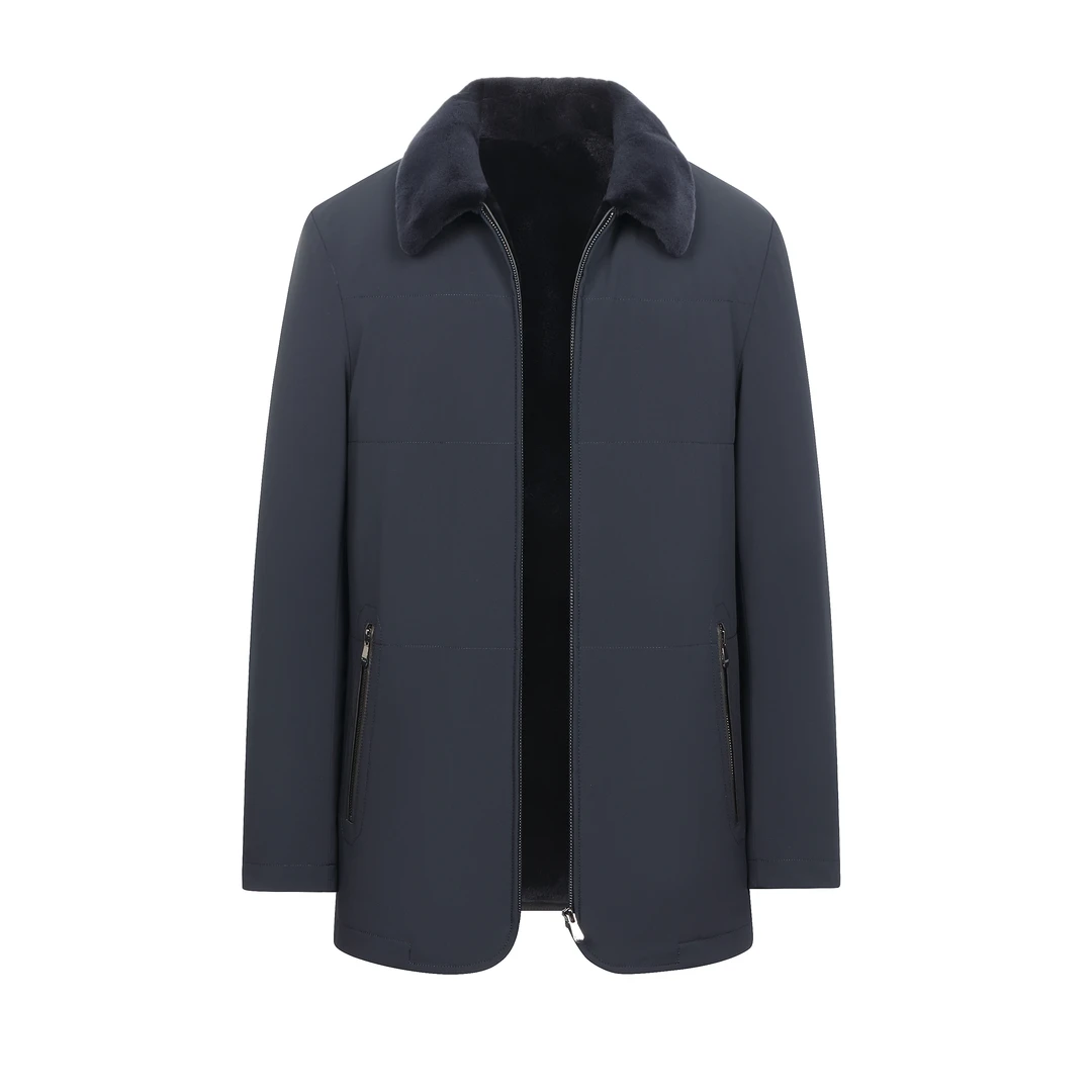 藏青色短款翻领拉链门襟布面外套貂绒连体男装尼克服987637