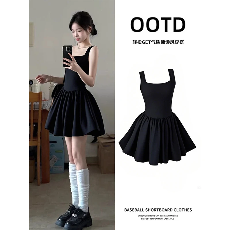 黑色花苞吊带连衣裙女夏蓬蓬裙夏日绝美小个子黑裙掐腰收腰短裙子