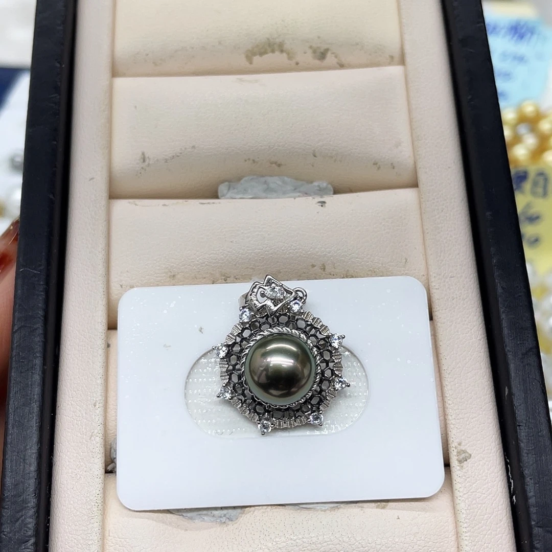 海水珍珠颈饰银S925镶嵌大溪地绿色复古风吊坠