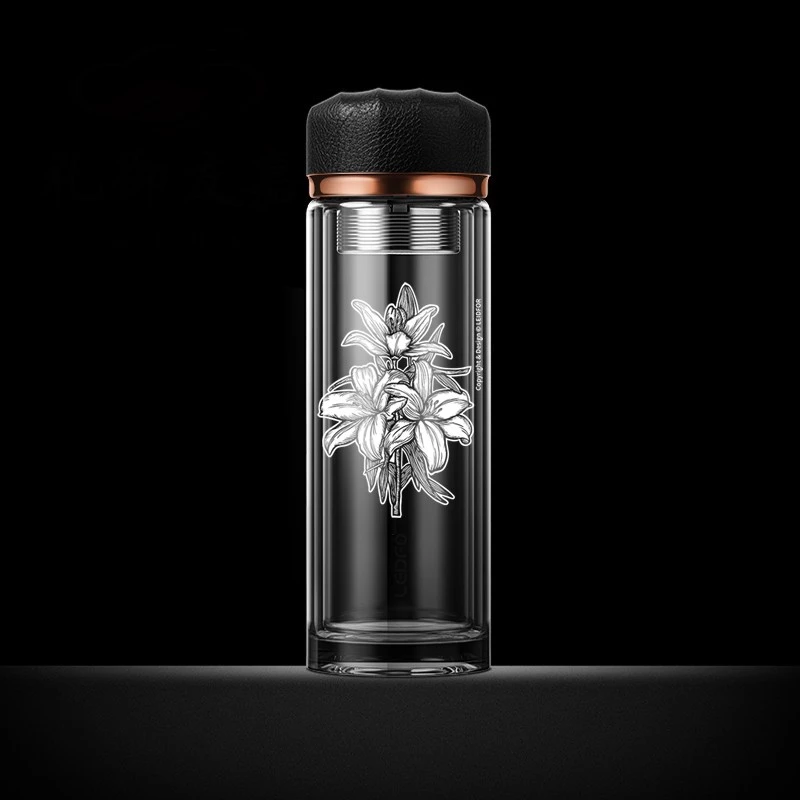 【花卉主题】双层玻璃杯女士隔热车载加厚带盖泡茶杯子高档水杯G1