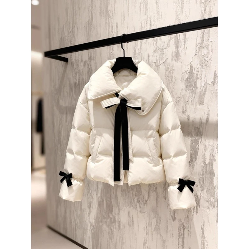 冬季棉服女款2025新款独特超好看气质小香风蝴蝶结白色夹棉外套厚