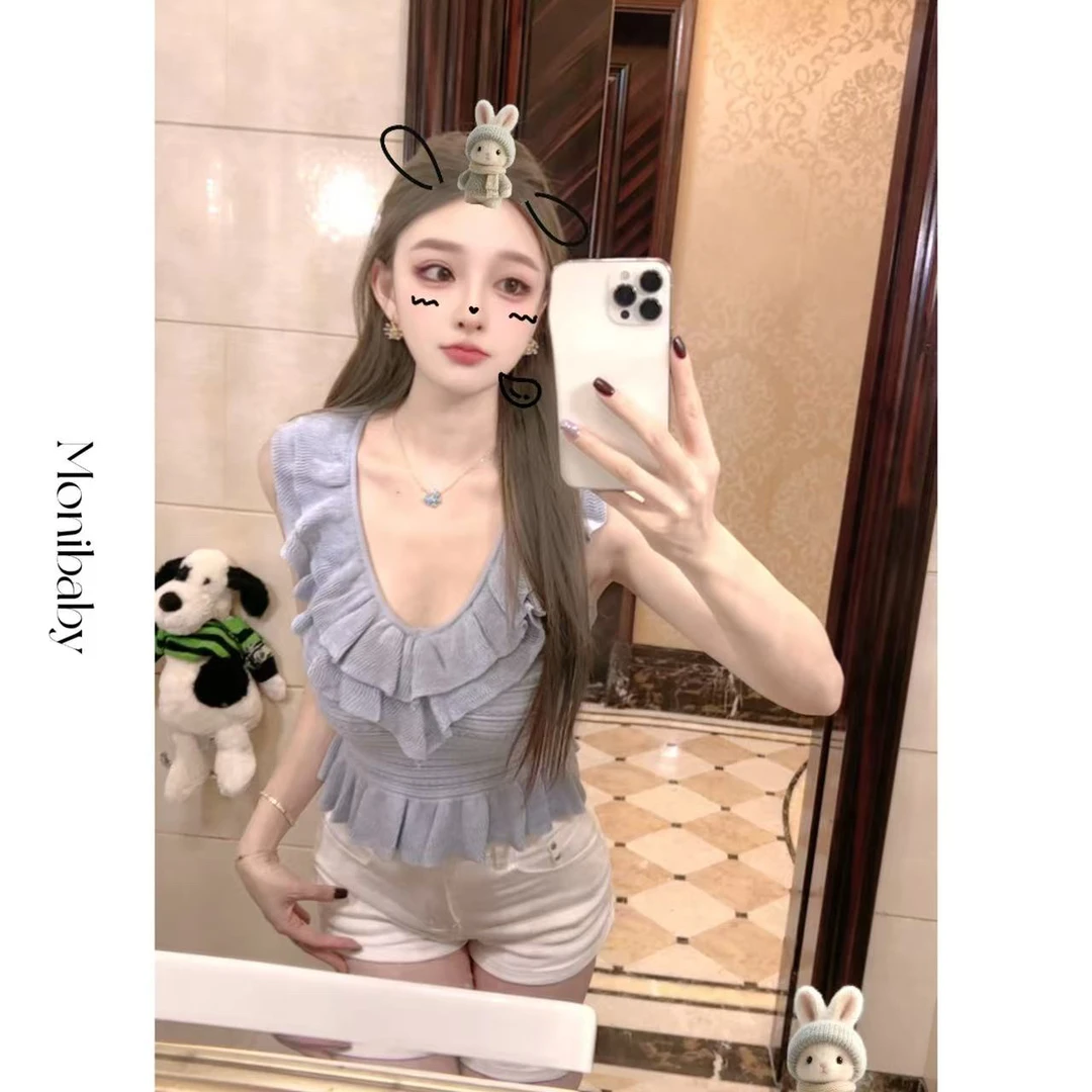 Moni【人鱼传说】夏季荷叶边重工钩织精致气质收腰针织上衣