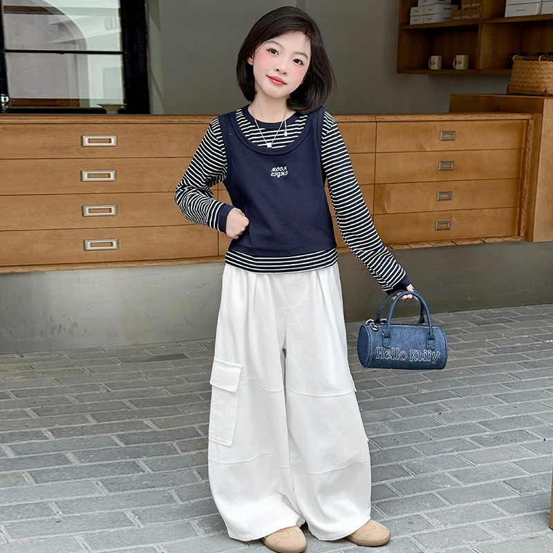 女童春秋季套装2025新款洋气大童秋装韩系条纹卫衣儿童秋装三件套