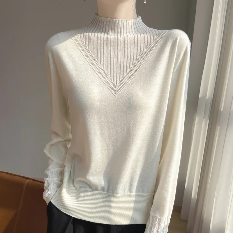 2025春秋季新款轻奢蕾丝羊毛蚕丝针织打底衫长袖女半高领薄款毛衣