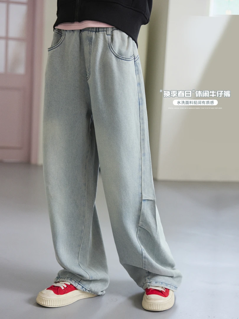 女童2025春季新款简约百搭时尚裁剪浅色牛仔裤KZ331
