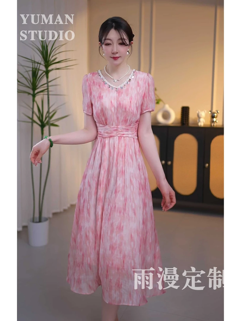 薇薇兰定制-夏日邂逅 粉色气质夏季小碎花点缀优雅收腰小A摆长裙