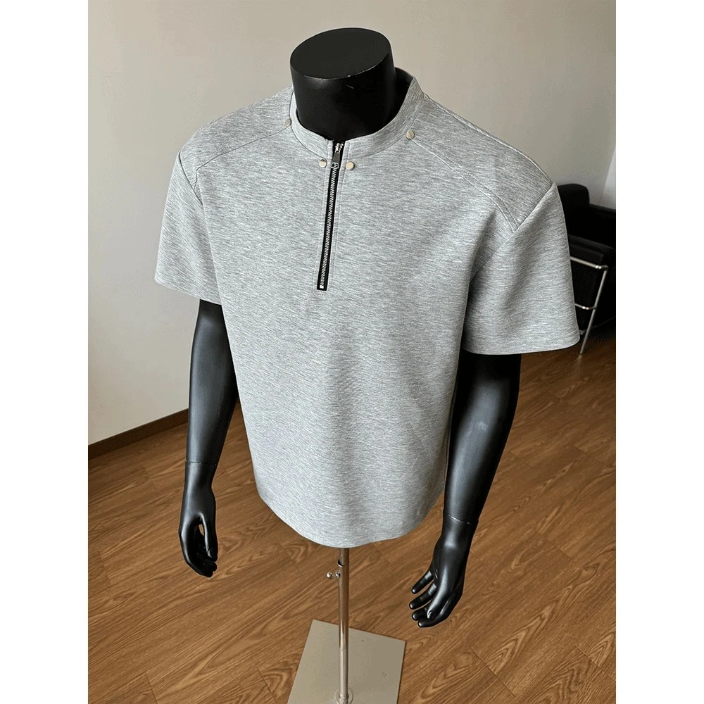 太空棉高级感半拉链垫肩t恤男cleanfit短袖美式高街设计感半袖