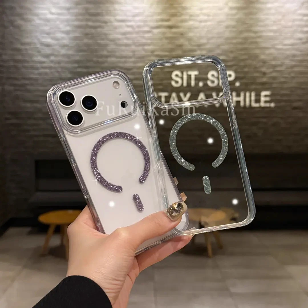 高级感不撞款手机壳适用苹果17高清透明17air磁吸闪粉圈17/16女15