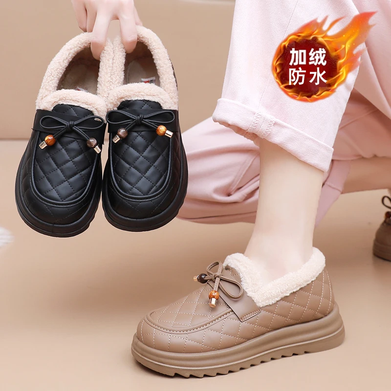 厚底雪地靴女冬季时尚皮面加绒保暖女士棉鞋加厚毛毛软底靴子女鞋