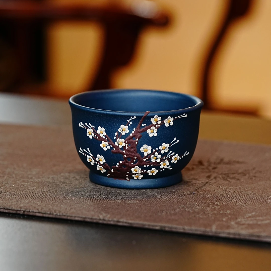 【梅花堆绘主人杯】宜兴茶具 正宗苏门答腊青高端手绘紫砂主人杯