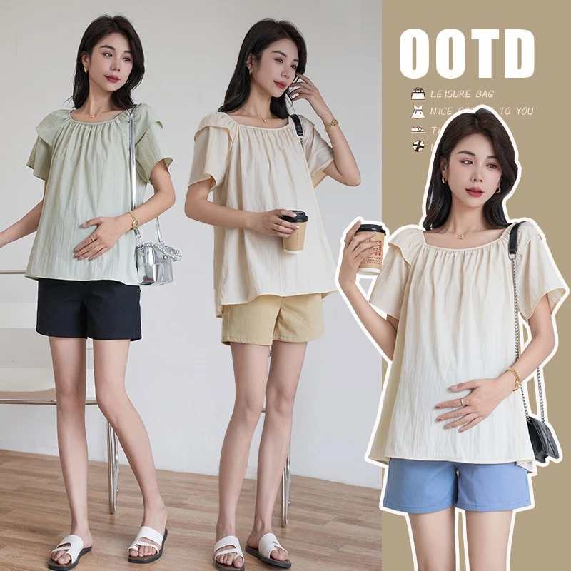 小个子夏季孕妇装宽松显瘦方领短袖衬衫薄款上衣+外穿洗水棉短裤
