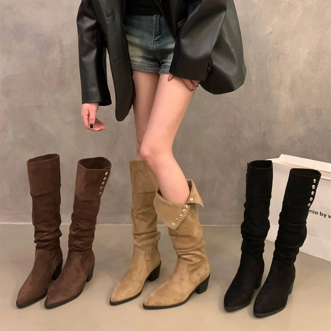高跟咖色绒面堆堆中筒骑士靴女鞋2025春秋冬季尖头瘦瘦长筒长靴子