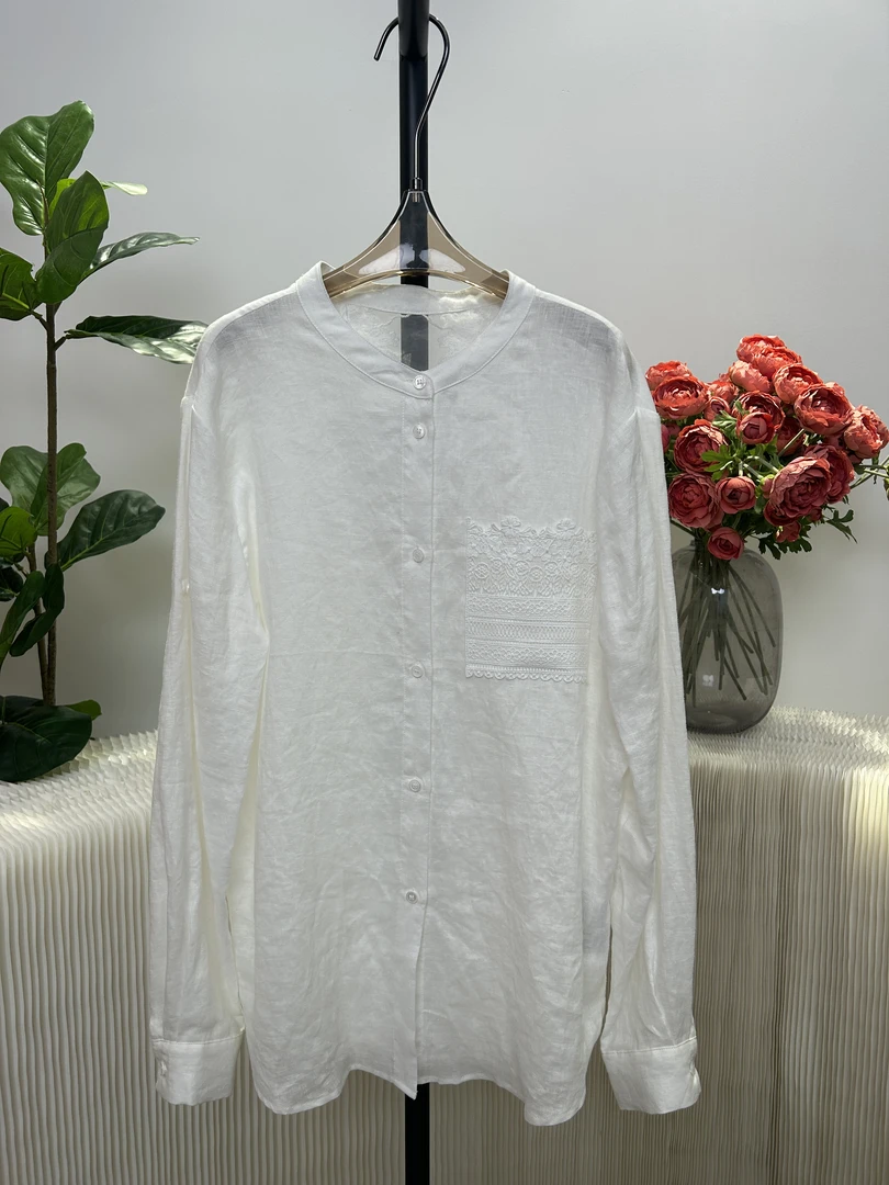 【深圳丽姐-念念】2505亚麻后领口蕾丝刺绣衬衫