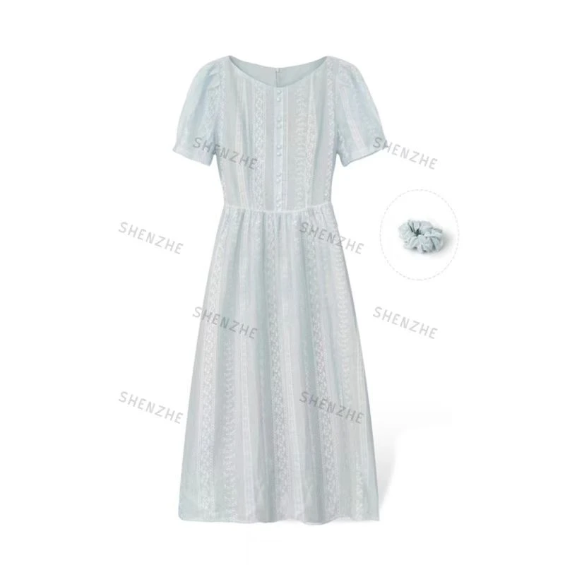 2025夏季新款法式泡泡袖高级收腰连衣裙-送发箍8112