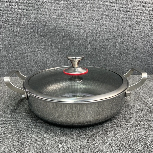 烙饼锅29.5*8cm双耳火锅双面屏汤锅316不锈钢炒锅不粘锅迪尼兰