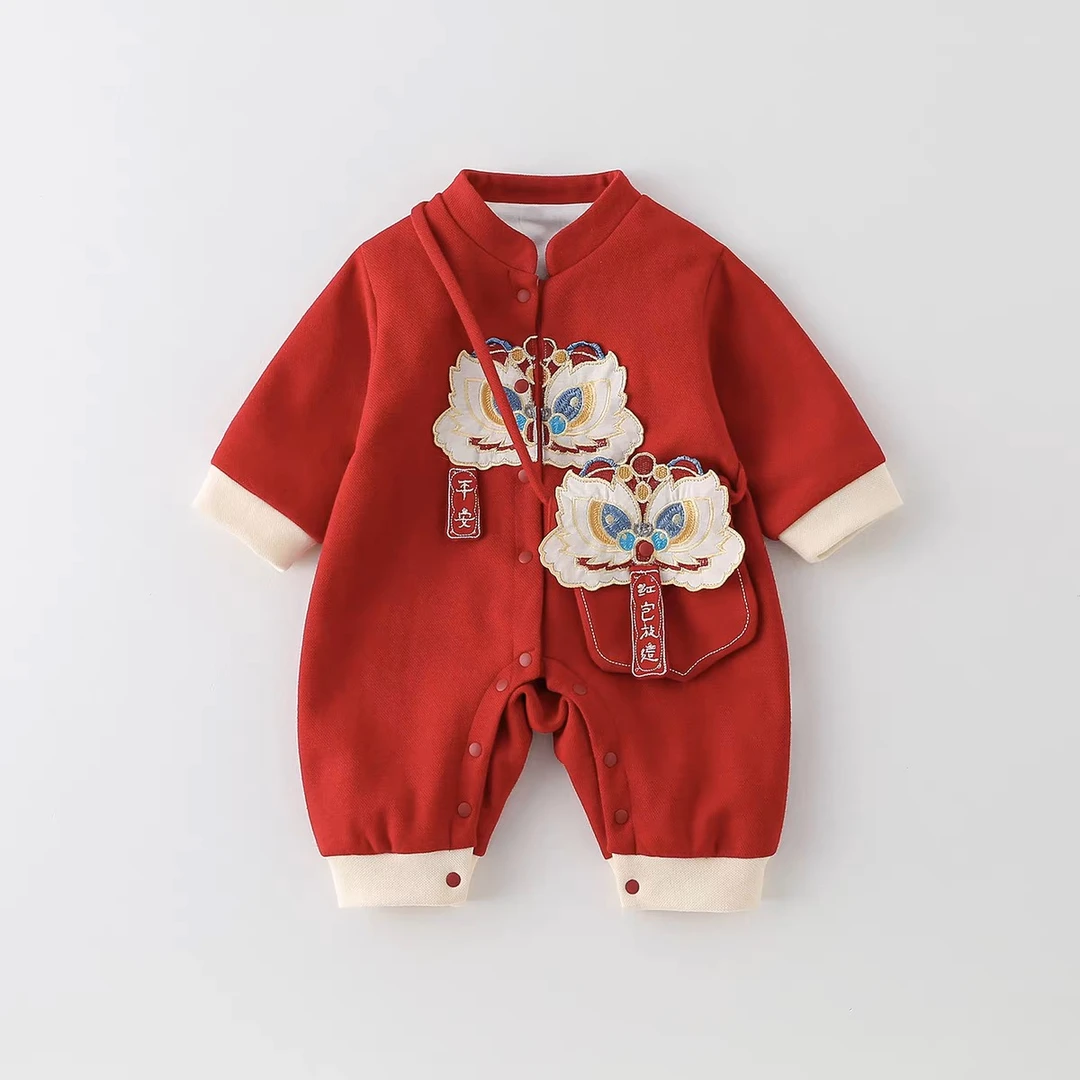 周岁宝宝春秋装礼服喜庆满月新生外出百天婴儿衣服春秋醒狮连体衣