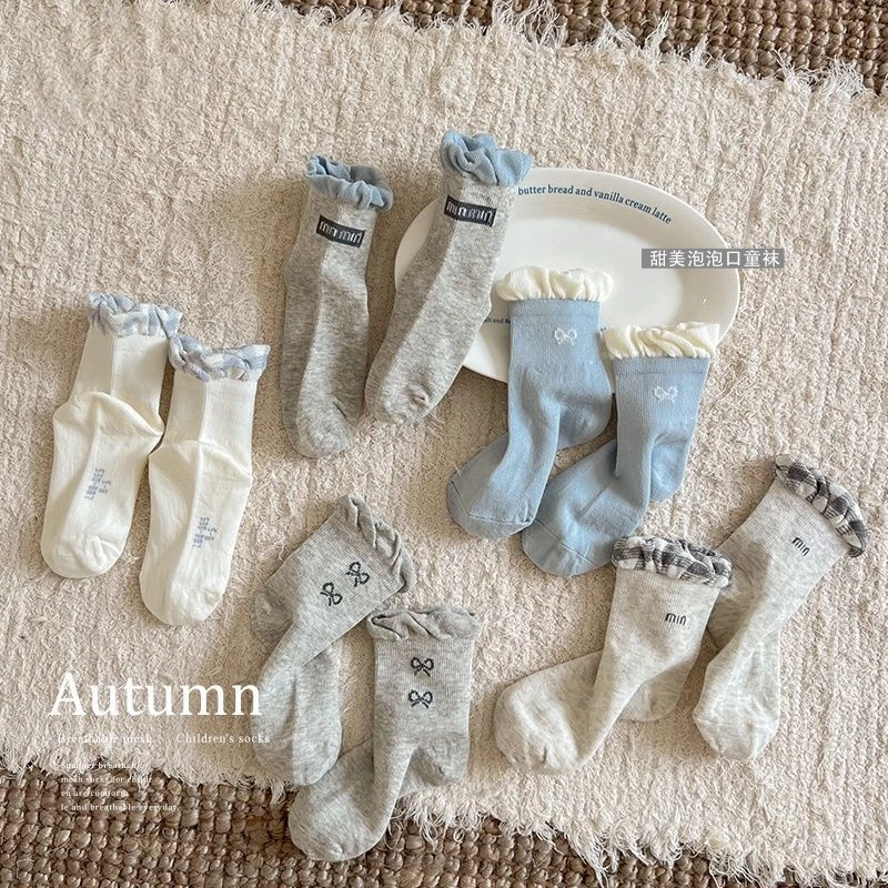 女童袜子春秋季儿童韩版miu系甜美花边公主袜秋天女孩中筒袜棉袜