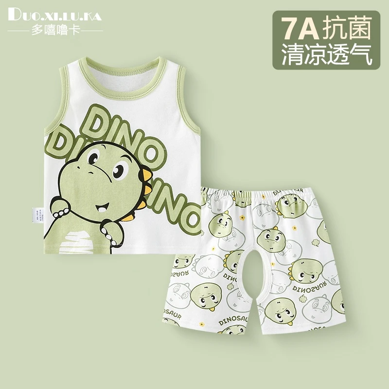 宝宝夏季背心套装纯棉无袖衣服开裆短裤男女婴幼儿薄款分体外出服