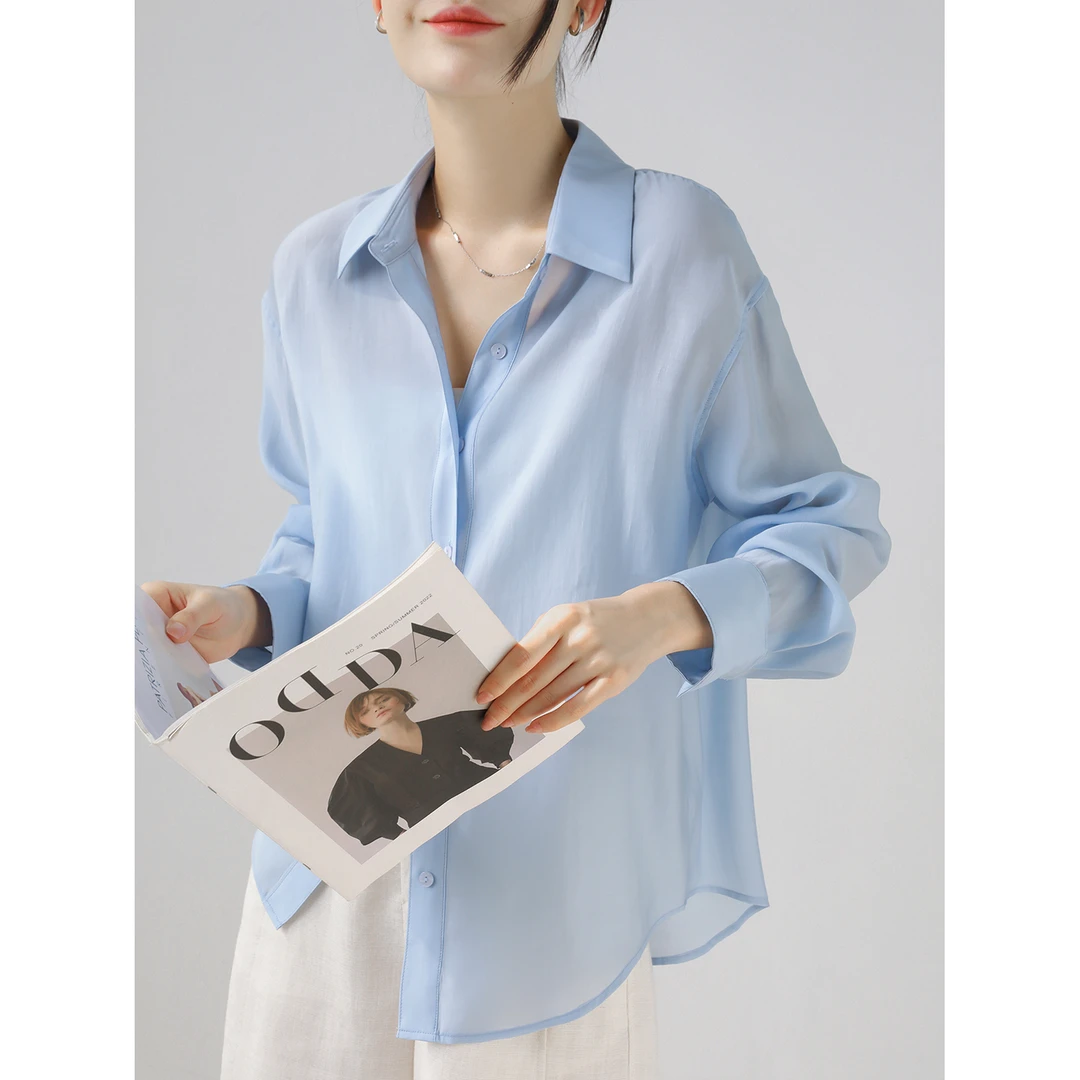 薄款宽松落肩微透柔感衬衫女春夏长袖休闲百搭气质上衣空调衫蓝色
