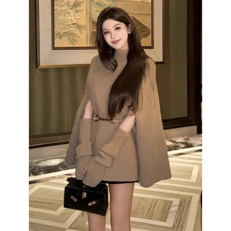 韩系氛围感纯欲穿搭早秋冬新款法式斗篷针织披肩外套女高级感毛衣