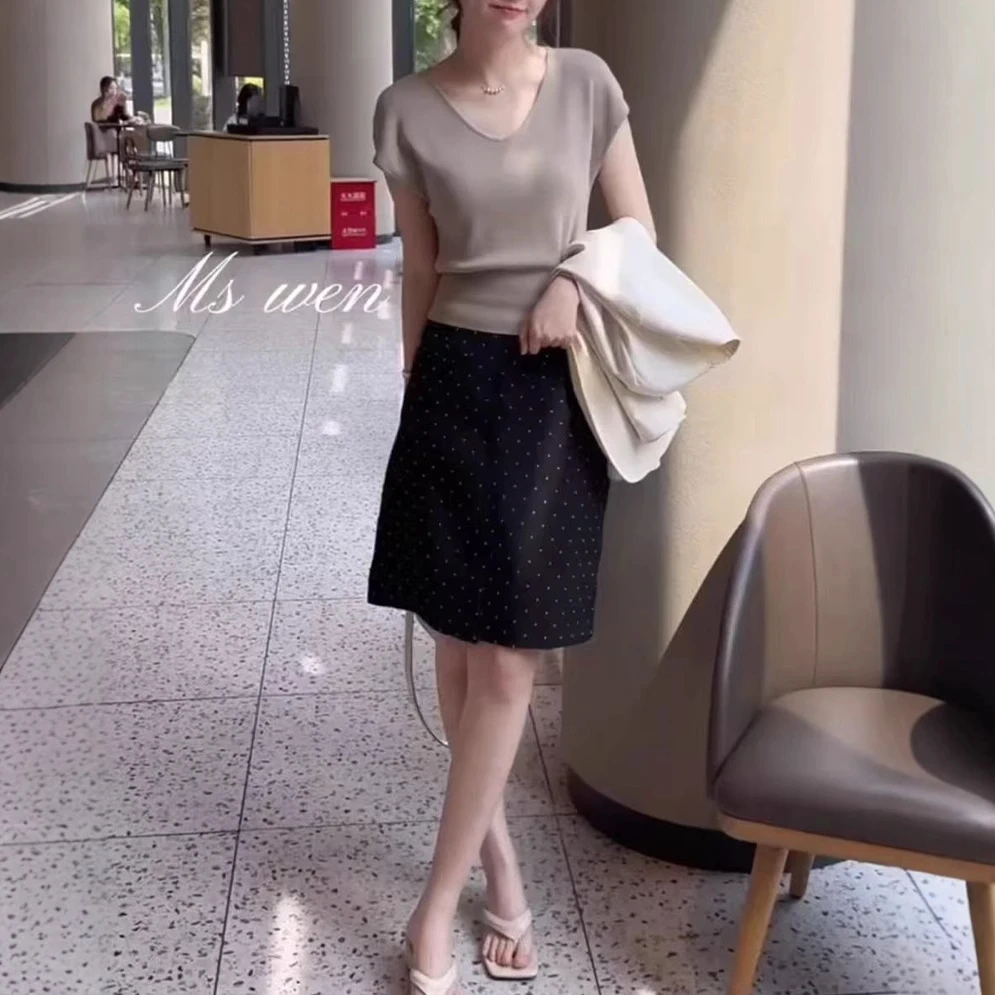 夏季新款轻熟风V领短袖上衣烫钻半身裙显瘦女