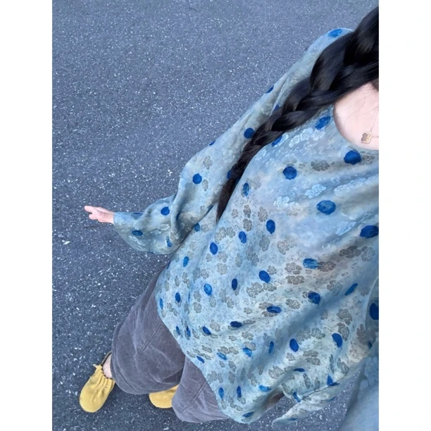 灰蓝波点新中式休闲极简100%桑蚕丝红云纱70长度120胸围