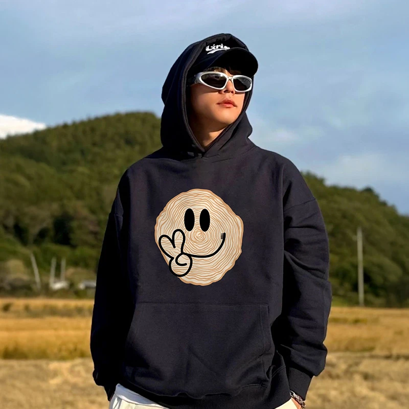 纯棉笑脸黑色连帽卫衣男2025新款秋冬加绒高级感oversize宽松外套