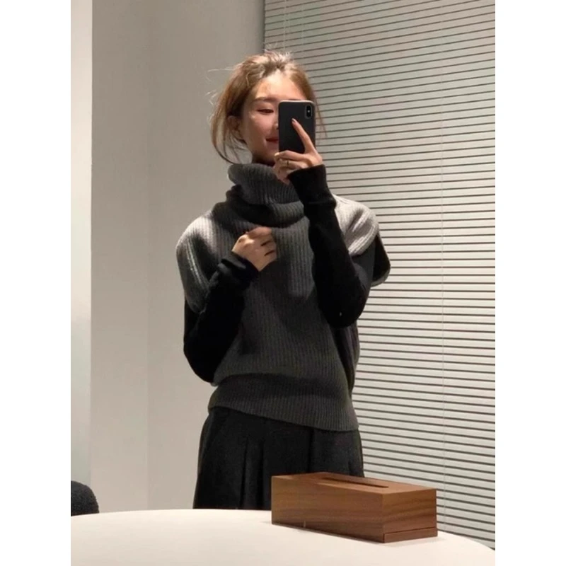 老钱风灰色高领针织马甲背心女秋冬季高级感叠穿坎肩毛衣无袖上衣