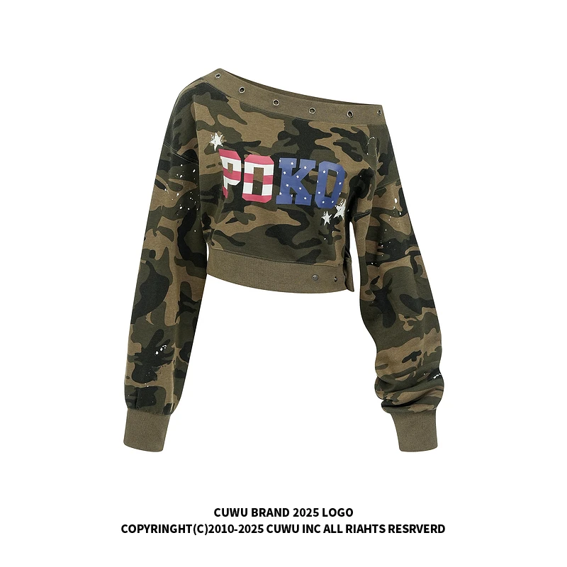 cuwu美式复古一字肩迷彩露肩长袖卫衣女秋季辣妹修身显瘦运动上衣