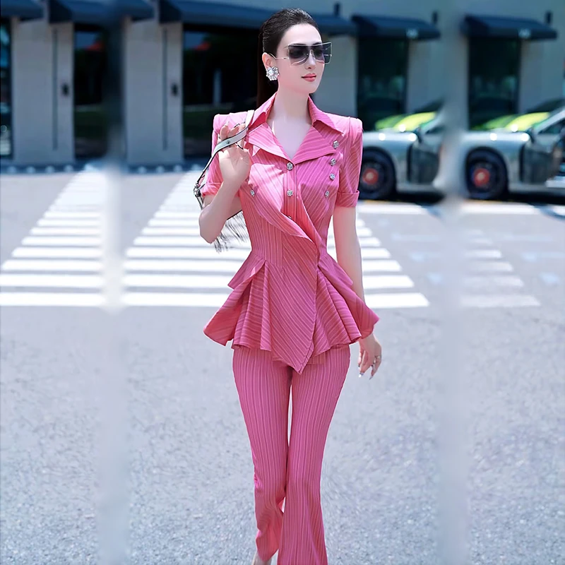 夏季花边领条纹短袖上衣微喇叭裤两件套2025夏季新款女人味套装