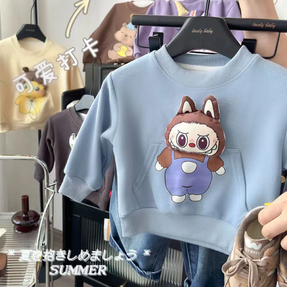 【拉裤裤】2025儿童秋季韩版时尚圆领休闲卡通玩偶印花卫衣男女童