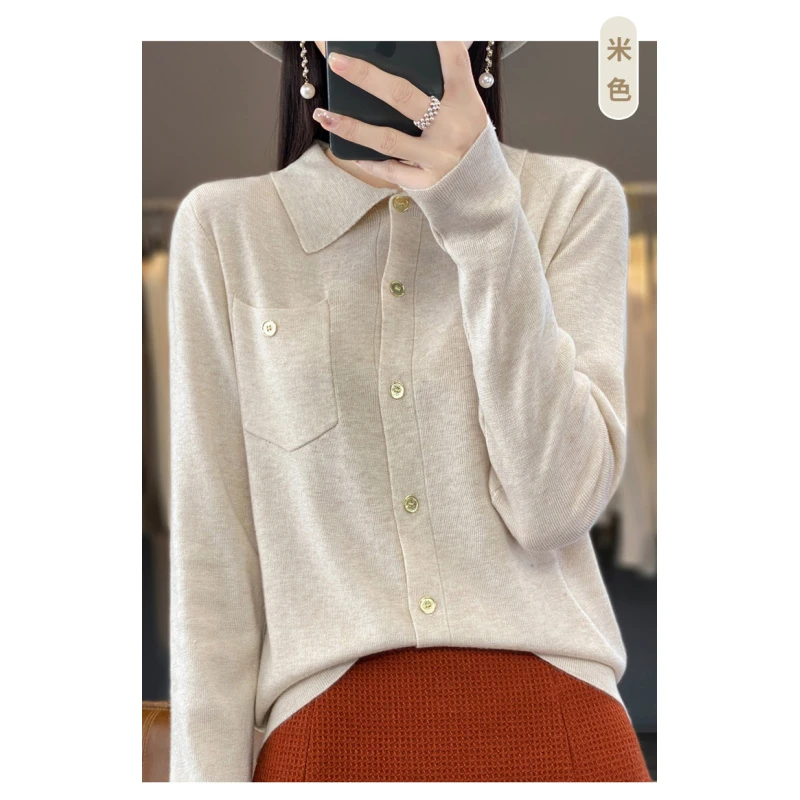 精纺羊毛~2024秋冬新宽松POLO领纯色保暖针织开衫毛衣女装短款