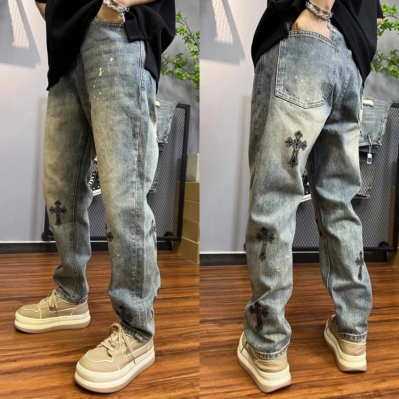 新款牛仔裤复古黄泥色男士做旧宽松水洗街头裤子休闲时尚直筒男裤