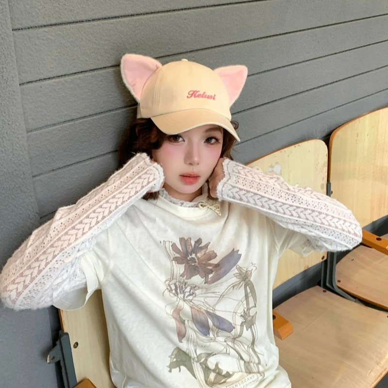 可露-猫咪双面戴棒球帽女大头围显脸小防晒帽子女遮阳Y2K