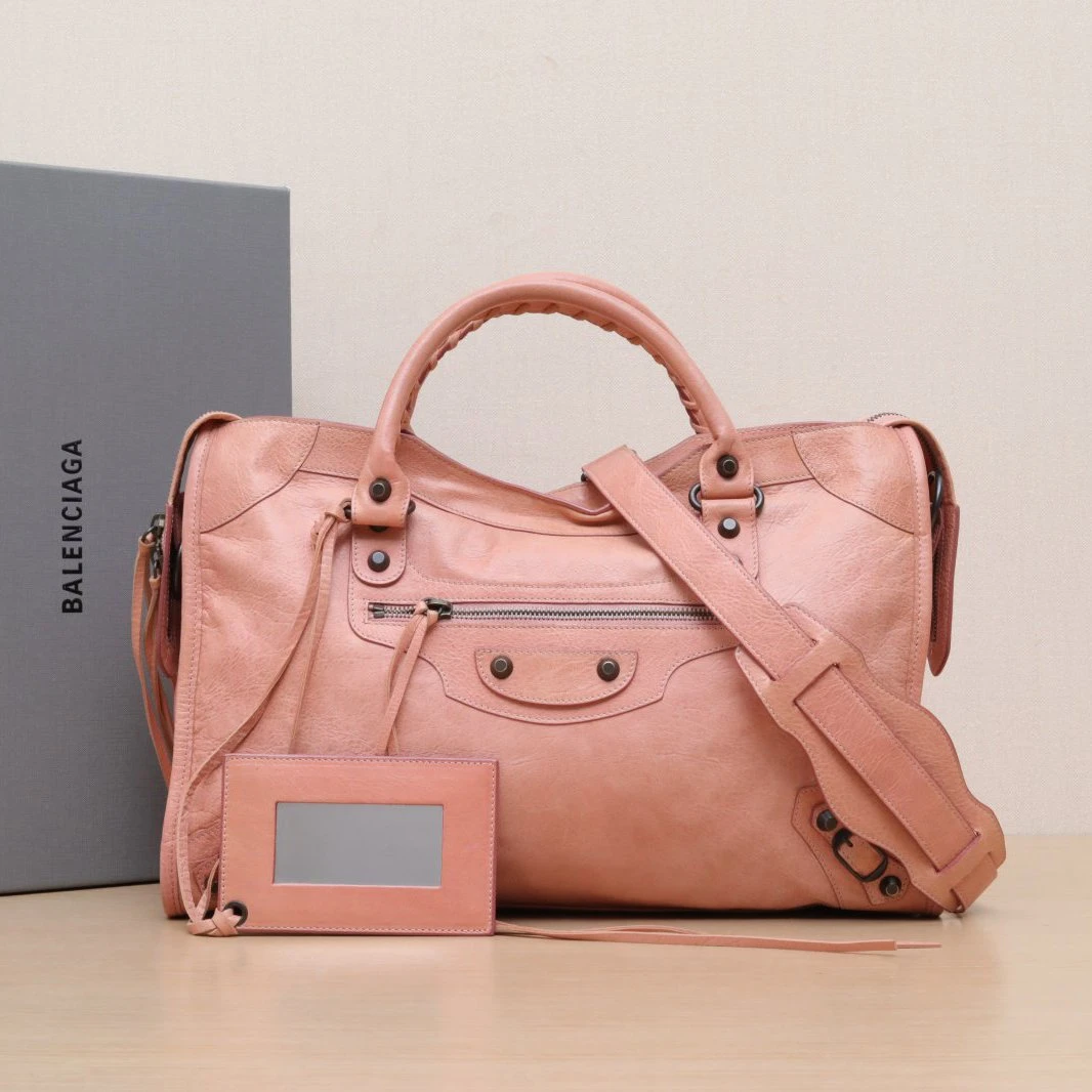 95新 Balenciaga/巴黎世家 花花 机车包 中号 38 粉色 皮革S