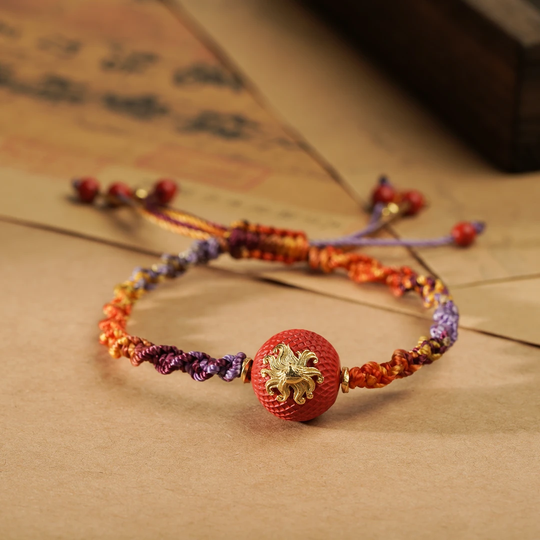 天然辰砂朱砂凤九手编绳顶珠13MM单圈手串小众饰品精致正宗收藏-S