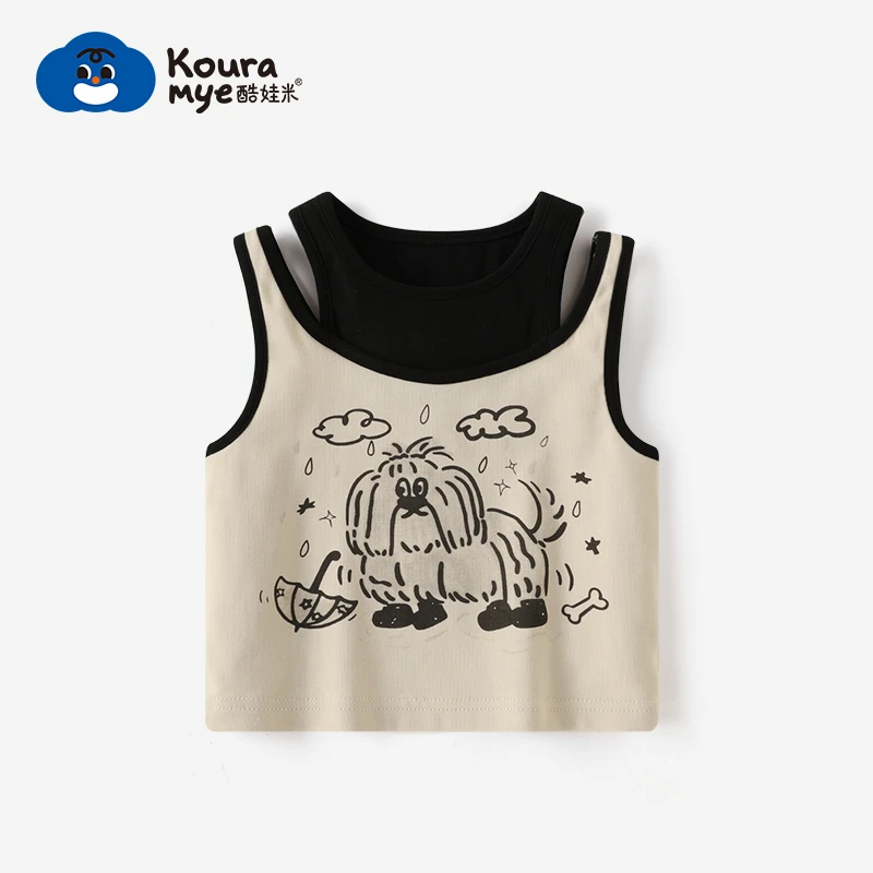 酷娃米夏款中小男女童舒适拼色假两件卡通背心上衣20529