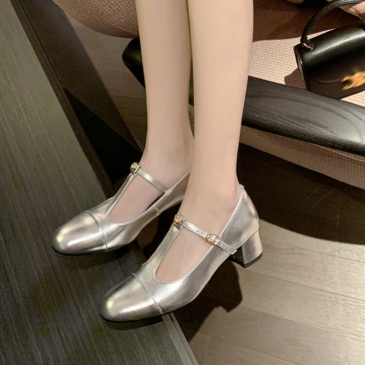 NianGaoXJ【羊皮】跟4厘米百搭法式粗跟女鞋浅口跟鞋中跟拼色鞋子