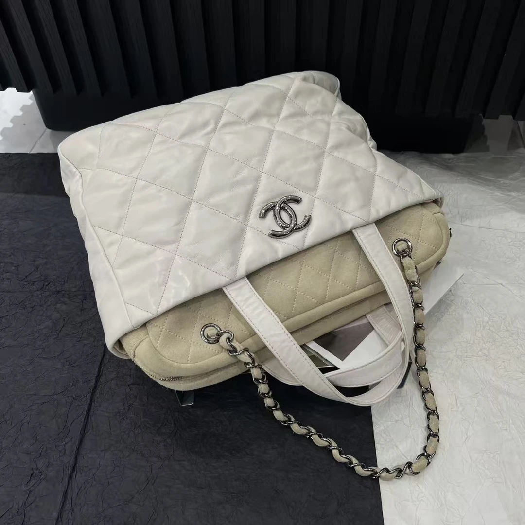 95新 Chanel/香奈儿 白色牛皮托特枪色五金手提单肩包