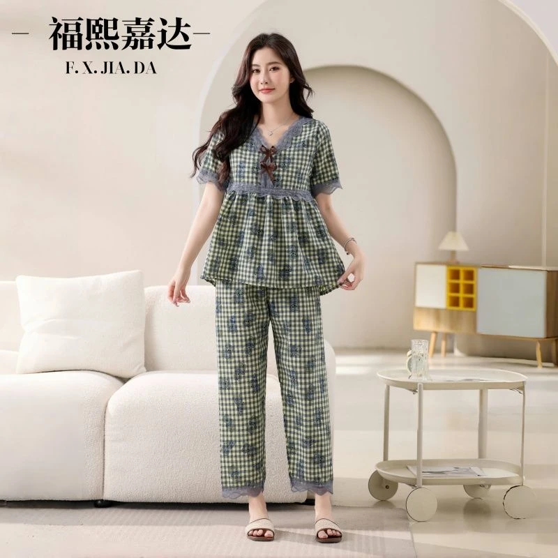 爆款睡衣女休闲套装夏季蕾丝短袖洋气薄款宽松显瘦可外出家居服