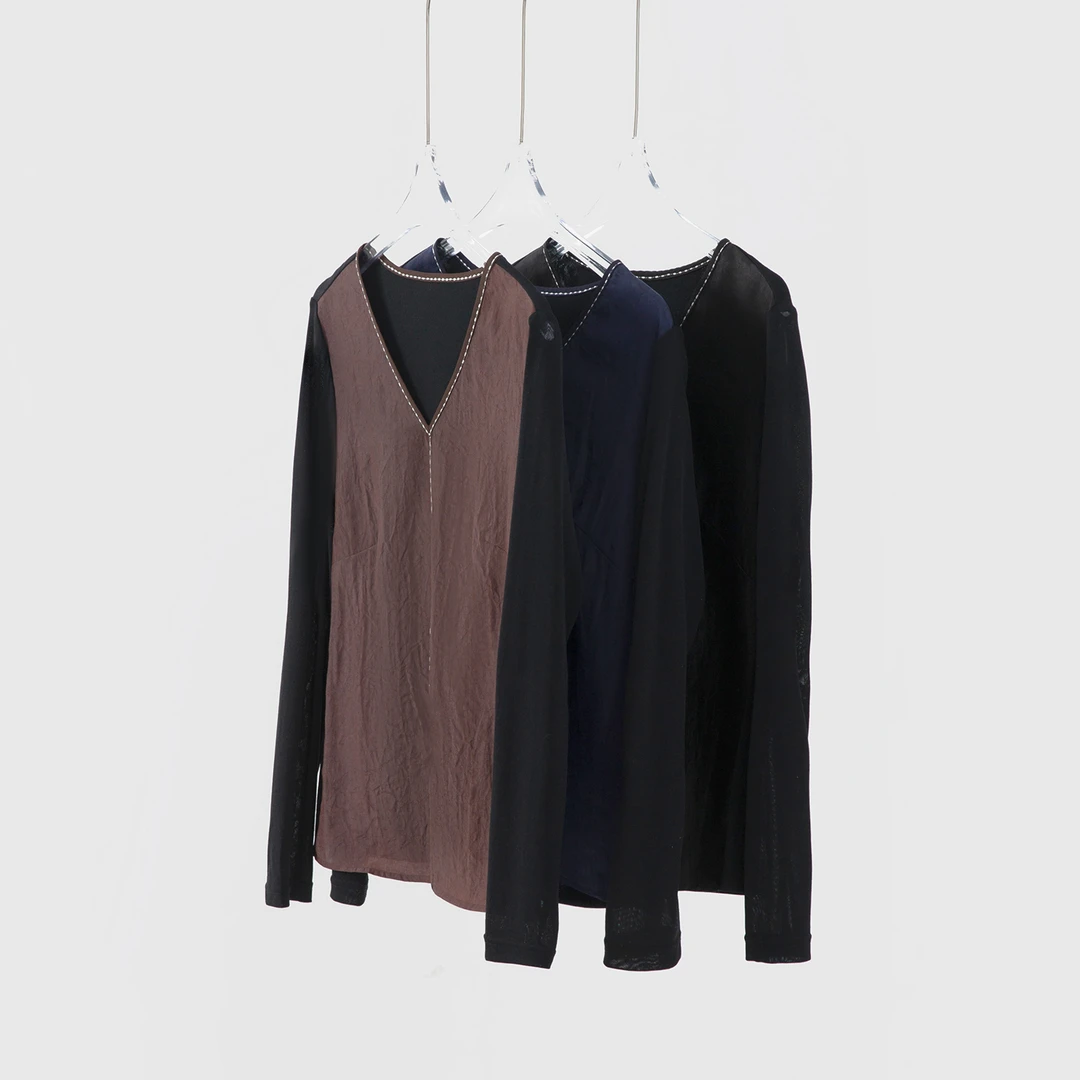 真丝香云纱龟纹拼接网眼上衣女100%桑蚕丝长袖V领打底T恤SY52028