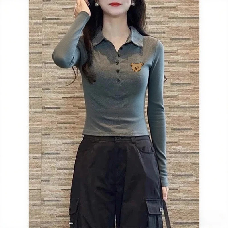 灰色polo领长袖t恤打底衫女内搭春秋 2025新款可外穿翻领短款上衣