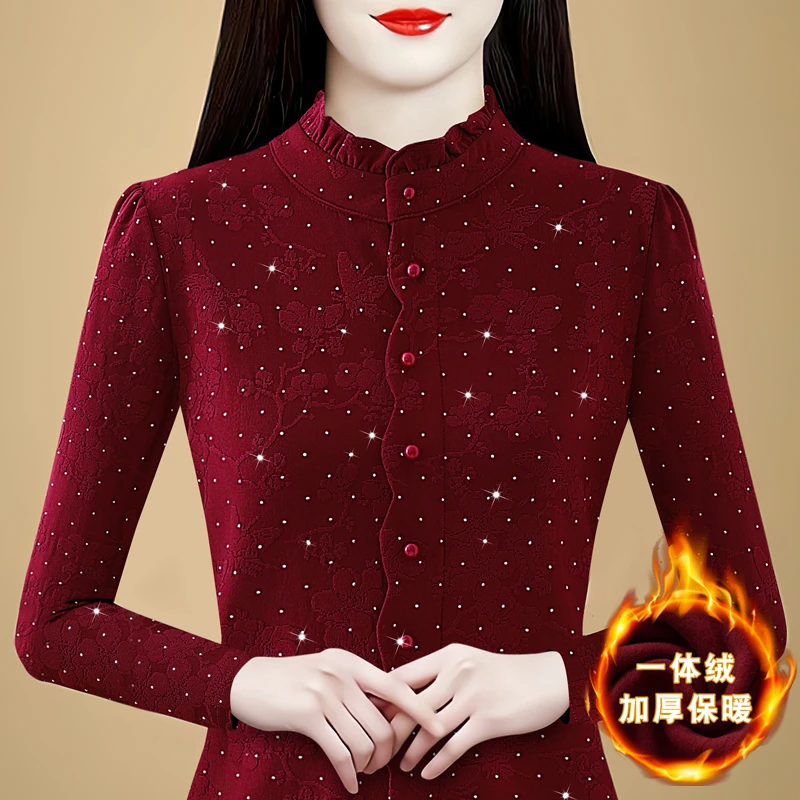 GF#5573 冬季新款一体绒木耳边领衬衣提花烫钻长袖打底衫上衣百搭