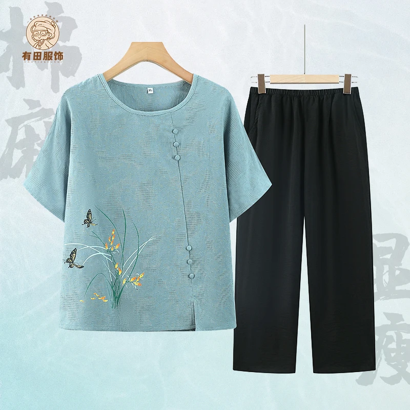 60-80岁洋气奶奶装老年女装妈妈装70后微胖遮肚女装棉质上衣套装