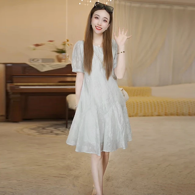 泡泡袖遮肉显瘦雪纺裙子2024夏季新款显高连衣裙减龄少女感穿搭