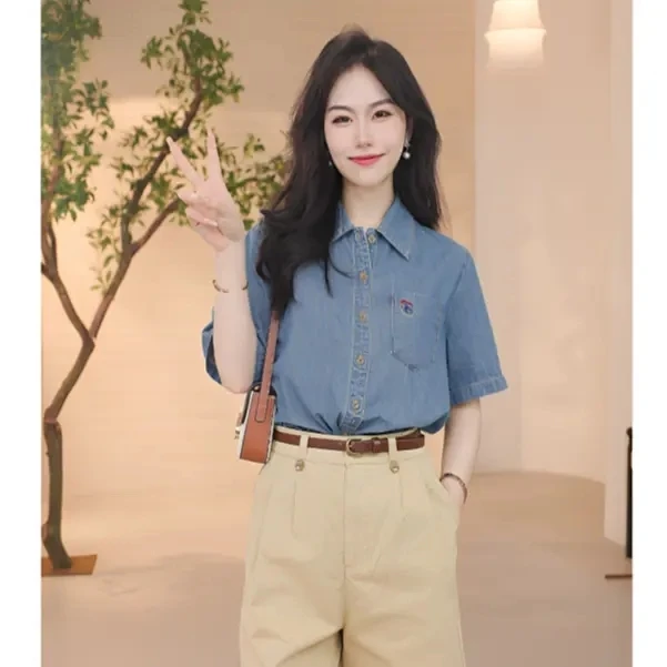 茵曼休闲纯棉牛仔衬衣女2025年夏季复古通勤宽松显瘦短袖衬衫上衣